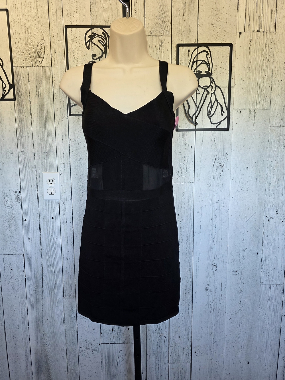 Bebe Black Bandage Bodycon Mini Dress Mesh Cutout Size M Date Night Going Out